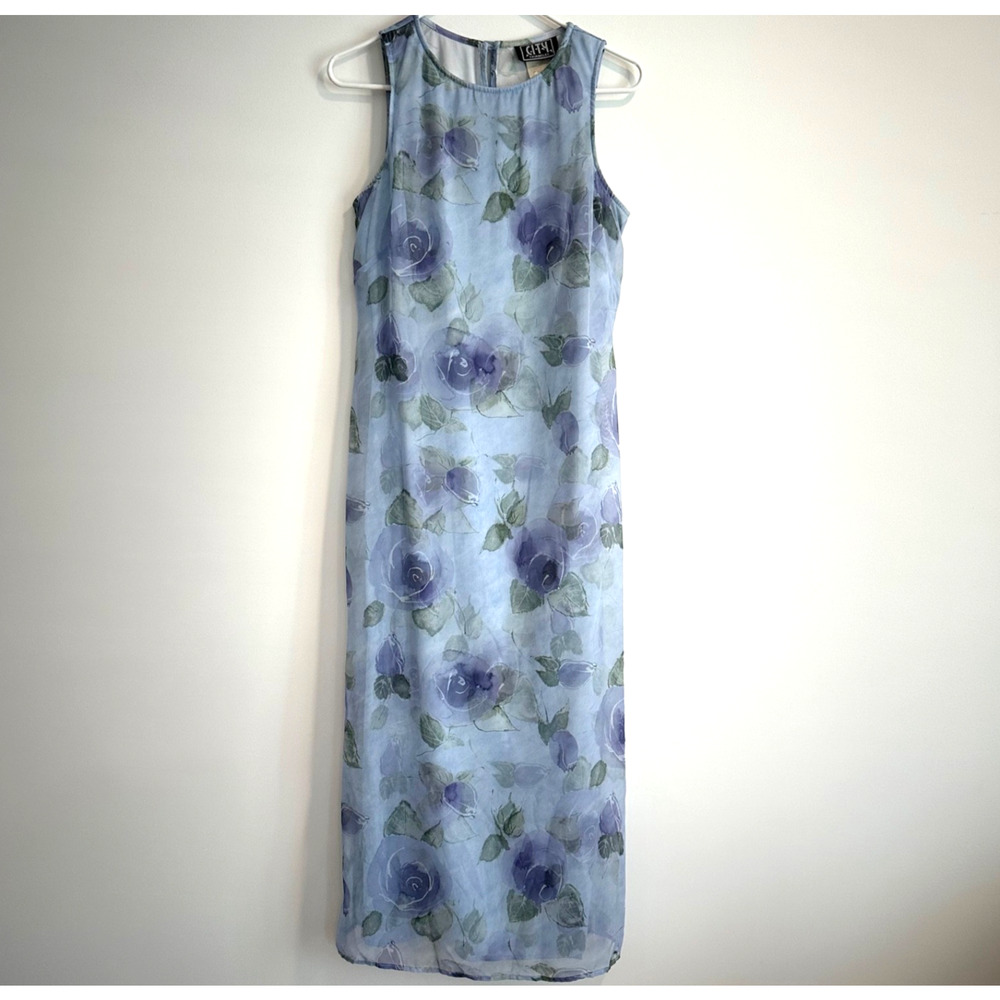 Vintage 90's City Triangles Blue Floral Maxi Dress Women's Medium Sleeveless